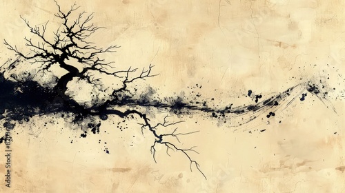Classic Japanese View in Sumi Ink Painting. Cherry Blossom Tree in sumi ink.