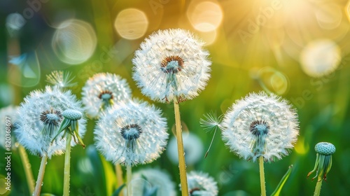 White Fluffy Dandelions Against A Natural Green Blurred Background  Capturing The Delicate Beauty Of The Flowers  High Quality
