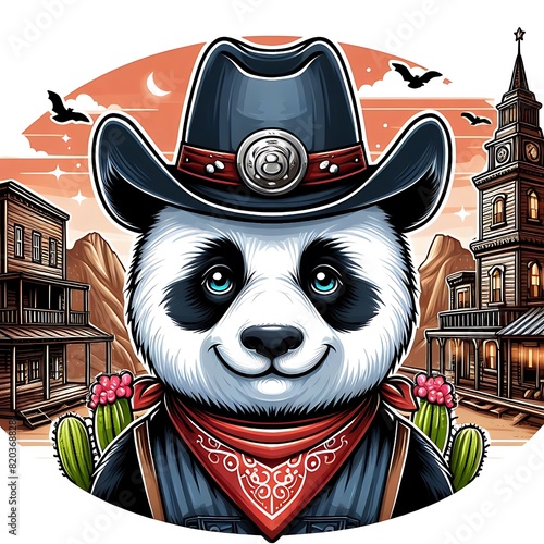 Panda wearing a cowboy hat in a Wild West town