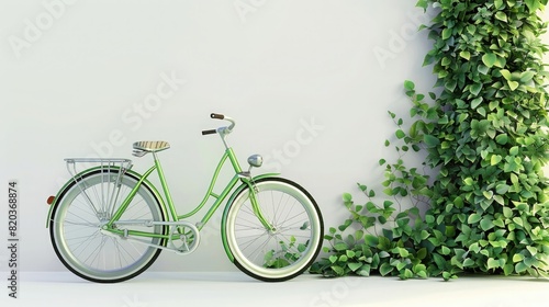 Green retro bicycle with green plants on white background, eco concept. ,3d rendering illustration, wide angle lens, © sania
