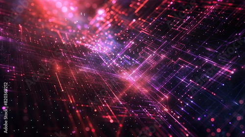 Abstract technology background with bright neon lines and particles photo