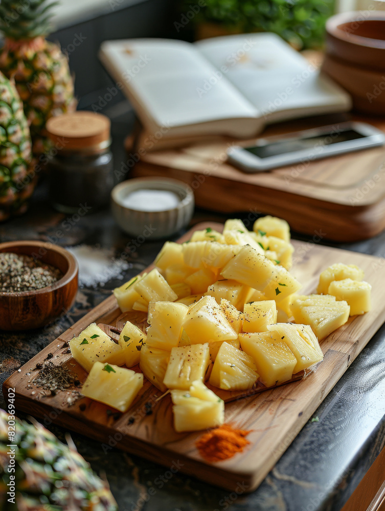 Cut pineapple pieces on a cutting board being prepared for including in a recipe with other ingredients spread around. 