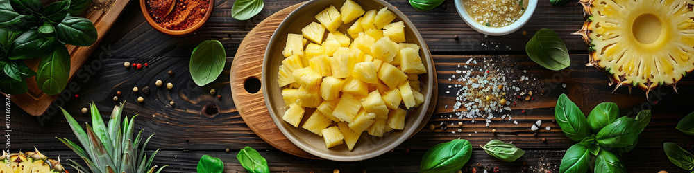 Cut pineapple pieces on a cutting board being prepared for including in a recipe with other ingredients spread around. Cut pineapple pieces on a cutting board being prepared for including in a recipe with other ingredients spread around.