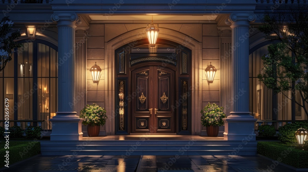 luxury mansion front door at night with lanterns, photo realistic, high resolution,