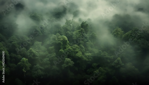 The photo shows a lush green rainforest canopy with mist or fog in the background.