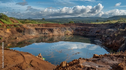 The landscape dotted with deep manmade craters from previous bauxite mining activities now filled with water creating reflecting pools.