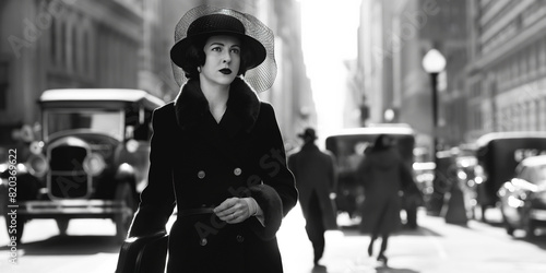 Lady in New York concept. Old movie style profile portrait of mature woman at street of Big Apple city. Moody retro atmosphere of the beginning of XX century. Outdoor monochrome shot photo