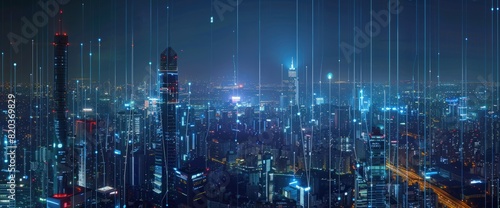 Aerial view of smart city with digital line connection in night skyline background.