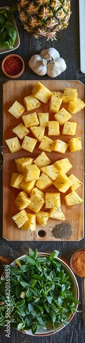 Cut pineapple pieces on a cutting board being prepared for including in a recipe with other ingredients spread around.  photo