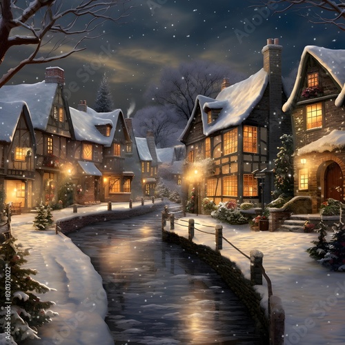 Digital painting of a winter night scene with houses and a river.