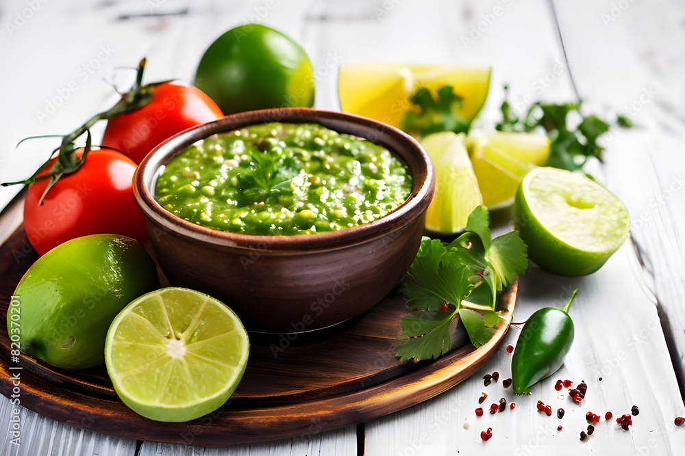 Traditional mexican salsa with guacamole and ingredients on white wooden background Traditional mexican salsa with guacamole and ingredients on white wooden background