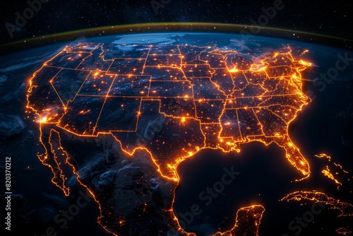 A map of the United States is lit up with orange lights © top images