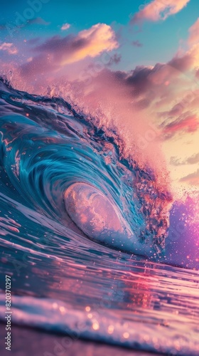 the concept of World Ocean Day. Beautiful nature landscape. World Water Day.  A huge wave in the ocean, with blue and pink gradient colors at sunset.  © Mentari