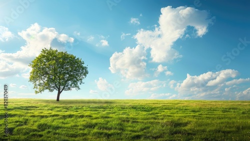 Single tree in lush green field under clear blue sky with fluffy white clouds © Artyom