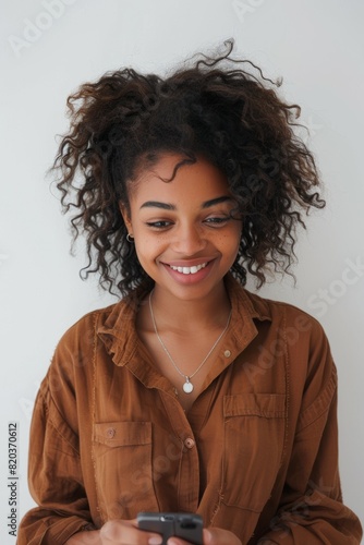 A woman with curly hair is smiling and holding a cell phone photo
