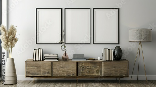 Three mock up poster frames on the wall in a modern living room interior. Books, a vase, and a lamp sit on a cabinet. Scandinavian style. 3D rendering.