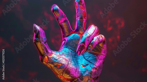 Hand full of iridescent shiny oil paint with on dark background. Support for disabled backgrounds. photo