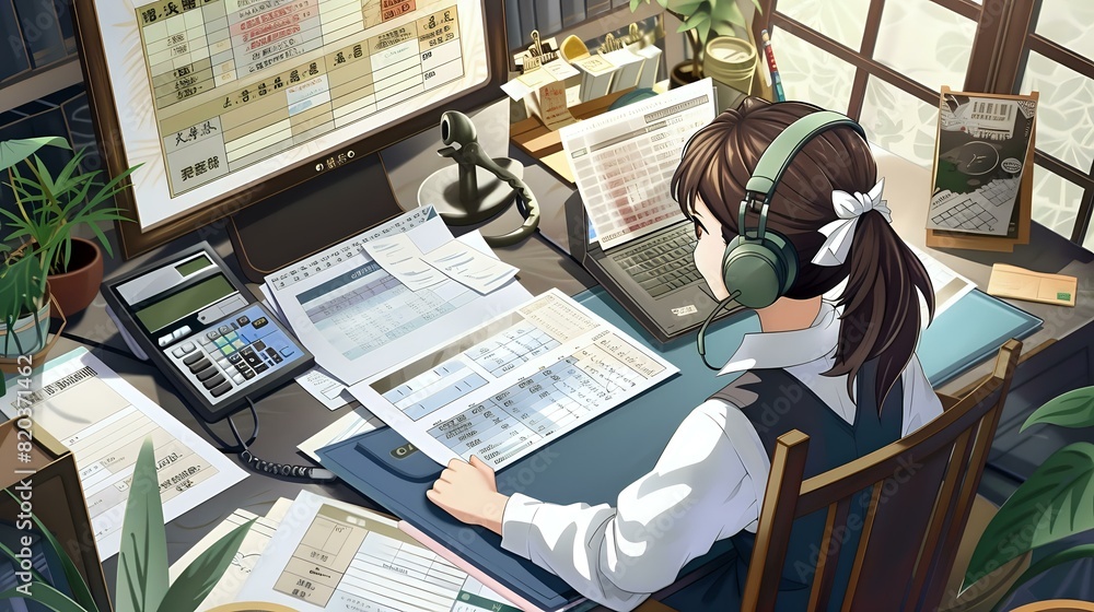 Payroll Professional's Workspace: Desk Scene with Tools and Documents Payroll Professional's Workspace: Desk Scene with Tools and Documents