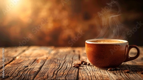 Steaming cup of hot black coffee on rustic wooden table evoking warm inviting morning scene