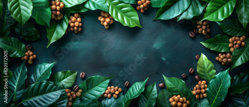 Coffee Beans and Leaves on Black Background. photo