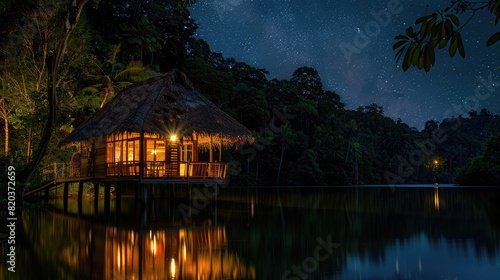 Photo of night view of a wooden bungalow with a thatched roof and wood columns at a lake in a jungle, with a starry sky and reflections in the water, and warm light from the windows. © Meesam