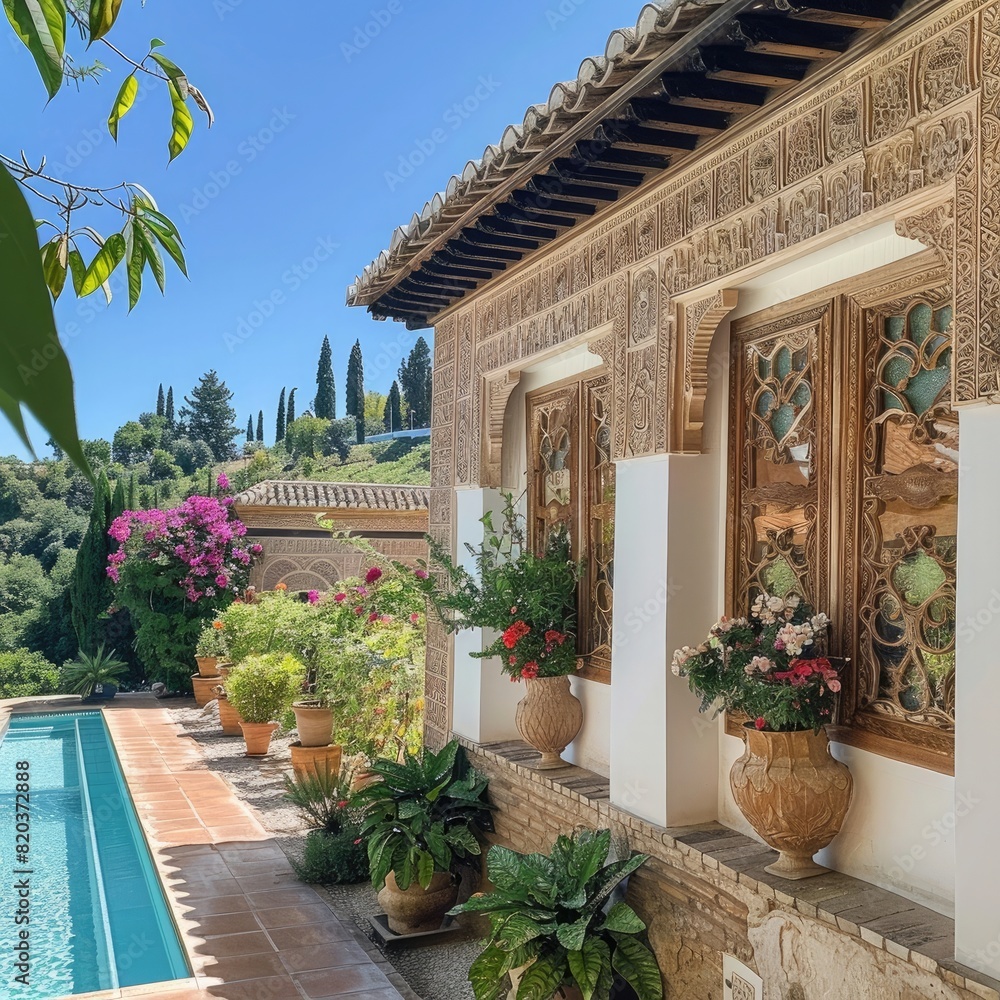 Photo of the Alhambra gardens in Granada, Spain with the carved wooden windows and flower pots on the walls, a pool and greenery on a sunny day.