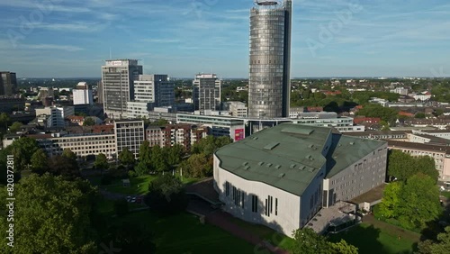 Aerial drone view of Aalto Theater, an opera house in Essen, Germany. The Aalto Theatre is a performing arts venue in Essen .  photo
