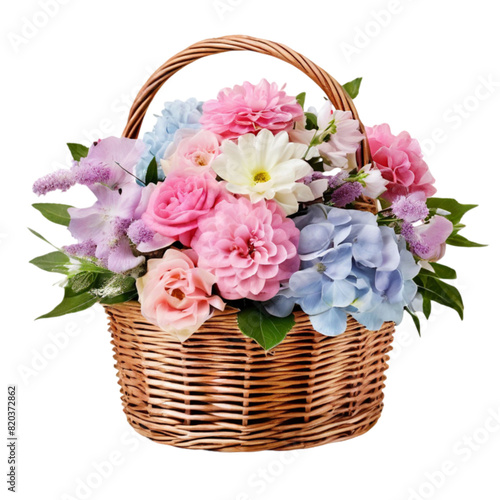 beautiful bouquet of bright flowers in basket isolated on transparent background