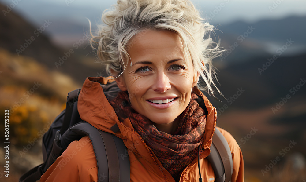 Woman in Orange Jacket Standing in Mountains. Woman in Orange Jacket Standing in Mountains.
