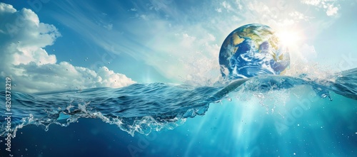 Earth planet inside the ocean water wave blue background.