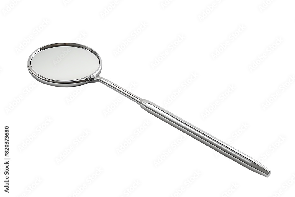 A stainless steel dental mirror with a round head and a long, thin handle. A stainless steel dental mirror with a round head and a long, thin handle.