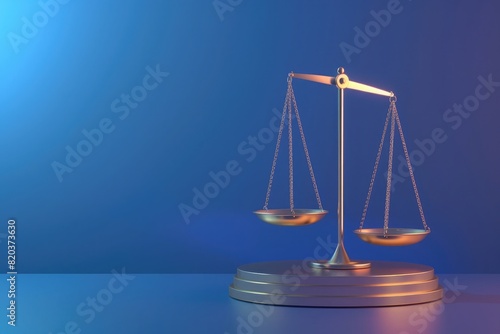 Scales of justice on table, 3d illustration, background with copy space , neutral color theme, blue light from the right side
