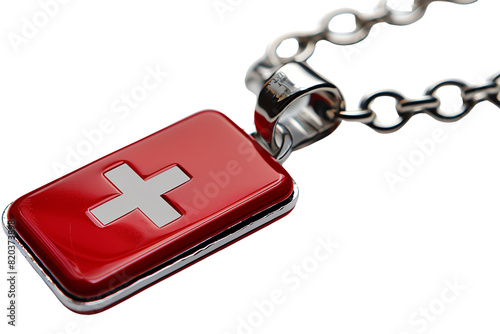 Red and white medical alert pendant on a silver chain.