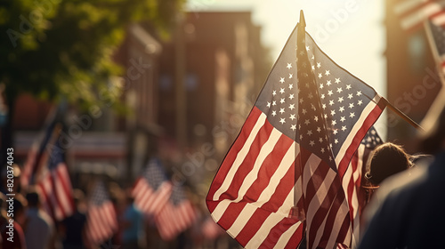 Close-up of American Flags at a Patriotic Parade