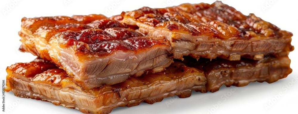 A close up of a plate of barbecued spare ribs. The ribs are glazed with a sticky, sweet and tangy sauce. They are fall-off-the-bone tender and juicy.