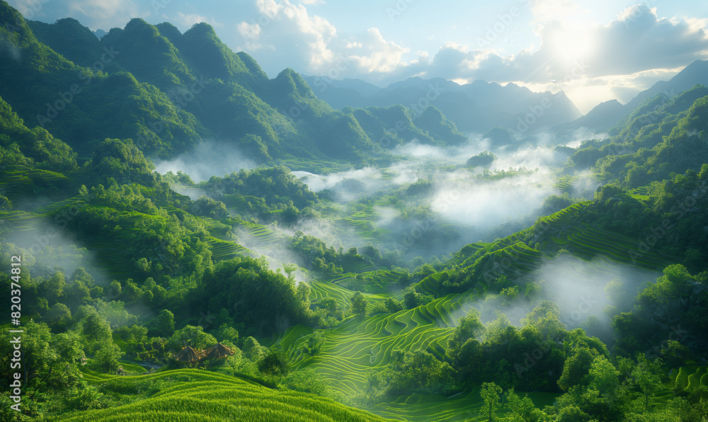 Fototapeta premium The hillsides are covered with rice terraces.