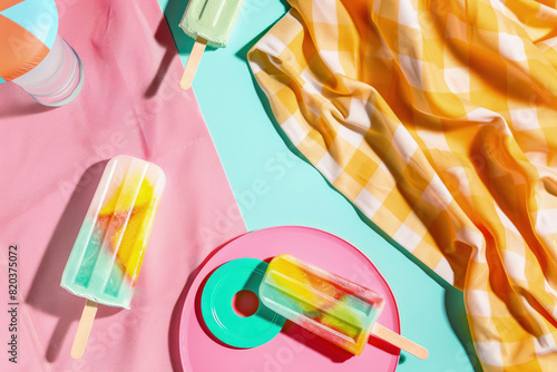 Vibrant Pop Art Style Summer Scene With Popsicles, Frisbee And Picnic Blanket Composition, Top View