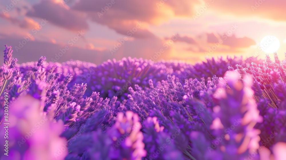 Fototapeta premium Lavender Field At Sunset, With Hues Of Purple And Pink Coloring The Sky, High Quality