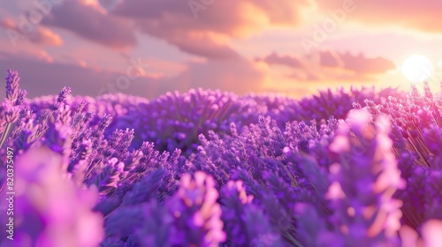 Lavender Field At Sunset  With Hues Of Purple And Pink Coloring The Sky  High Quality