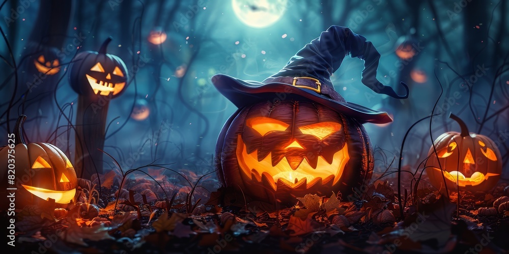 Jack O's lantern glows in the moonlight at night. Pumpkins burning in the forest at night in halloween. Jack O's lantern glows in the moonlight at night. Pumpkins burning in the forest at night in halloween.
