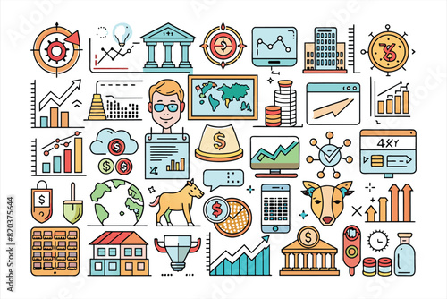  Stock market flat icon set. Solid icon collection, Editable stroke. Vector illustration.