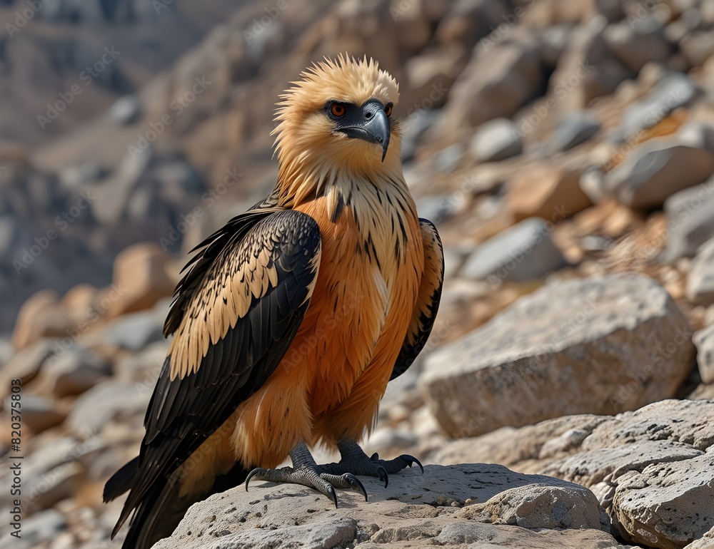 Fototapeta premium Adult bearded vulture (gypaetus barbatus) or Lammergeier sitting on the rocky. Animal in natural environment.
