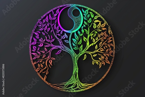 A yin yang tree of life in the middle, with rainbow colors in the clip art style on a black background.