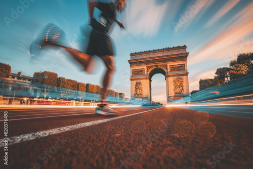 Long-Exposure of Runner on Track with Motion Blur Against Champs-Elysees at Night