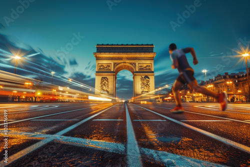 Long-Exposure of Runner on Track with Motion Blur Against Champs-Elysees at Night
