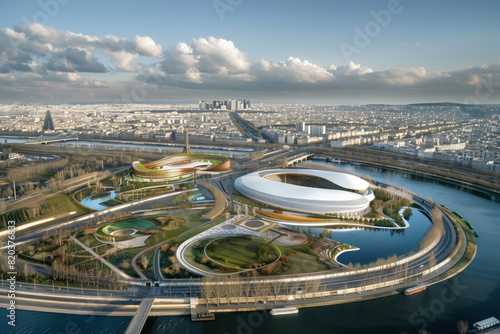 Aerial View of Olympic Village, Distinct Parisian Architecture and Winding Seine River