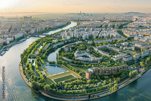 Aerial View of Olympic Village, Distinct Parisian Architecture and Winding Seine River