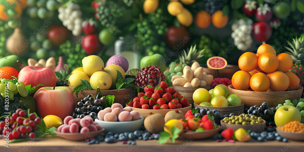 Exotic Fruit Assortment in Surreal Dreamland. Organic fruits and vegetables. 
