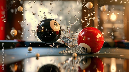 Two billiard balls colliding in a dynamic clash, capturing the moment of impact and kinetic energy transfer, set against photo