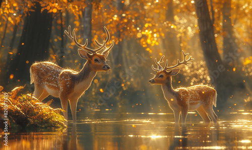 Two Deer Standing Together in Forest.